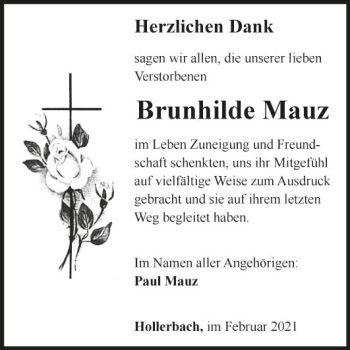 Traueranzeige von Brunhilde Mauz von Fränkische Nachrichten