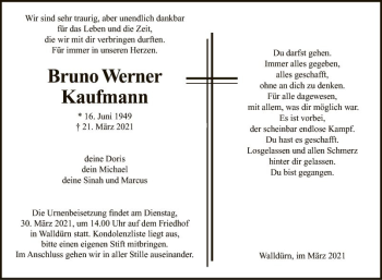 Traueranzeige von Bruno Werner Kaufmann von Fränkische Nachrichten