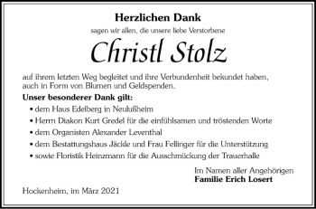 Traueranzeige von Christl Stolz von Schwetzinger Zeitung