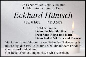Traueranzeige von Eckhard Hänisch von Mannheimer Morgen