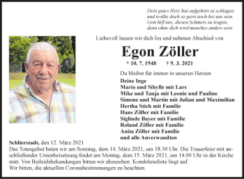 Traueranzeige von Egon Zöller von Fränkische Nachrichten