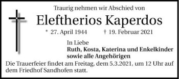 Traueranzeige von Eleftherios Kaperdos von Mannheimer Morgen