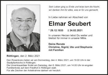 Traueranzeige von Elmar Seubert von Fränkische Nachrichten