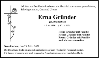 Traueranzeige von Erna Gründer von Fränkische Nachrichten