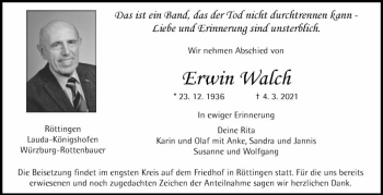 Traueranzeige von Erwin Walch von Fränkische Nachrichten