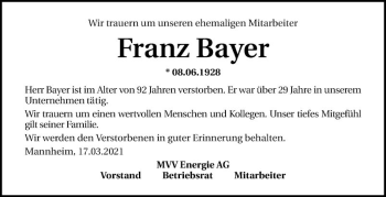 Traueranzeige von Franz Bayer von Mannheimer Morgen