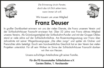 Traueranzeige von Franz Deuser von Fränkische Nachrichten