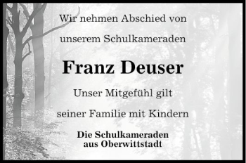 Traueranzeige von Franz Deuser von Fränkische Nachrichten