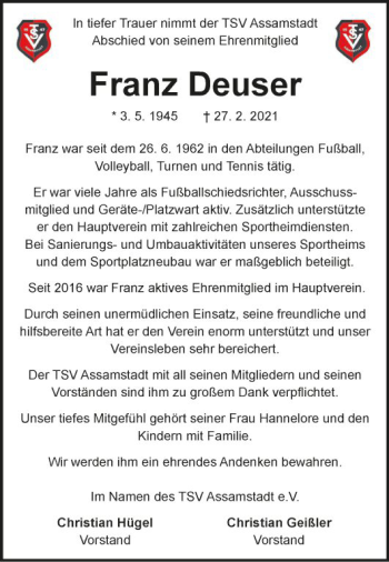 Traueranzeige von Franz Deuser von Fränkische Nachrichten