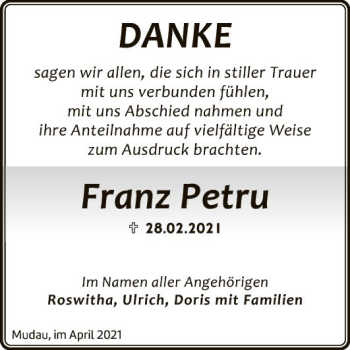 Traueranzeige von Franz Petru von Fränkische Nachrichten