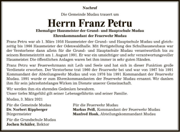 Traueranzeige von Franz Petru von Fränkische Nachrichten