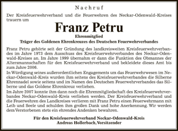 Traueranzeige von Franz Petru von Fränkische Nachrichten