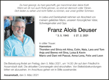 Traueranzeige von Franz Alois Deuser von Fränkische Nachrichten