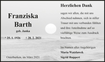 Traueranzeige von Franziska Barth von Fränkische Nachrichten