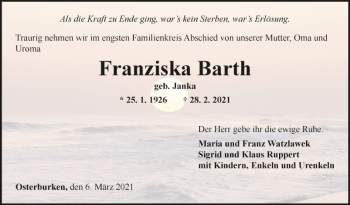 Traueranzeige von Franziska Barth von Fränkische Nachrichten