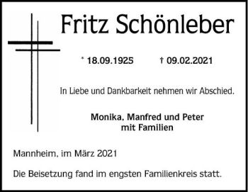 Traueranzeige von Fritz Schönleber von Mannheimer Morgen