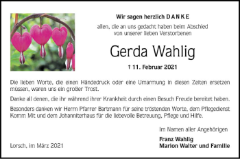Traueranzeige von Gerda Wahlig von Bergsträßer Anzeiger
