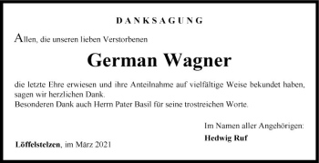 Traueranzeige von German Wagner von Fränkische Nachrichten