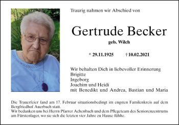 Traueranzeige von Gertrude Becker von Bergsträßer Anzeiger