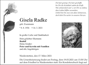 Traueranzeige von Gisela Radke von Fränkische Nachrichten