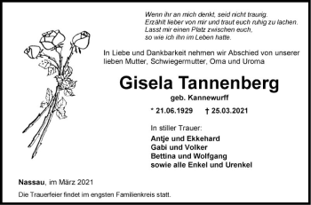 Traueranzeige von Gisela Tannenberg von Fränkische Nachrichten