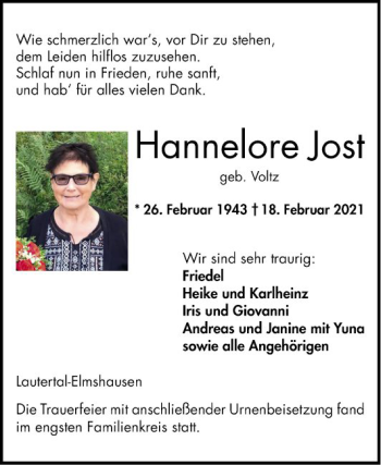 Traueranzeige von Hannelore Jost von Bergsträßer Anzeiger