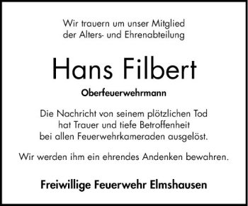 Traueranzeige von Hans Filbert von Bergsträßer Anzeiger