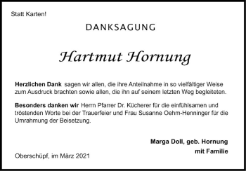 Traueranzeige von Hartmut Hornung von Fränkische Nachrichten