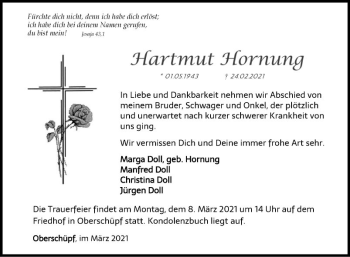 Traueranzeige von Hartmut Hornung von Fränkische Nachrichten