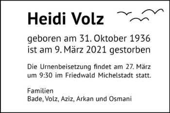 Traueranzeige von Heidi VoLz von Mannheimer Morgen