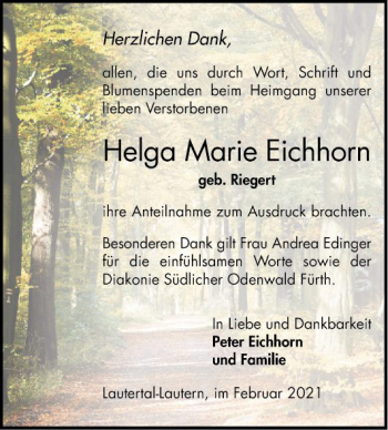 Traueranzeige von Helga Marie Eichhorn von Bergsträßer Anzeiger