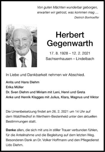 Traueranzeige von Herbert Gegenwarth von Fränkische Nachrichten