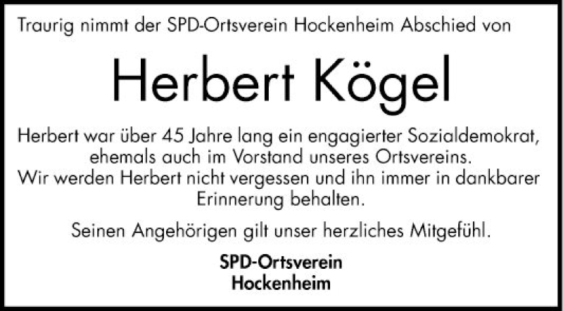  Traueranzeige für Herbert Kögel vom 13.03.2021 aus Schwetzinger Zeitung