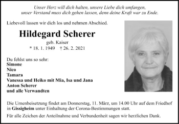 Traueranzeige von Hildegard Scherer von Fränkische Nachrichten