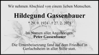 Traueranzeige von Hildegund Gassenbauer von Fränkische Nachrichten