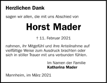 Traueranzeige von Horst Mader von Mannheimer Morgen