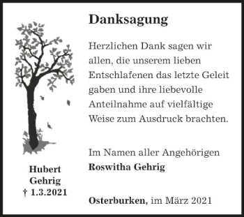 Traueranzeige von Hubert Gehrig von Fränkische Nachrichten