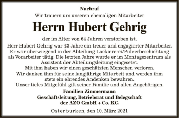 Traueranzeige von Hubert Gehrig von Fränkische Nachrichten