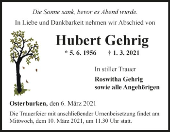 Traueranzeige von Hubert Gehrig von Fränkische Nachrichten