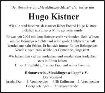 Traueranzeige von Hugo Kistner von Fränkische Nachrichten