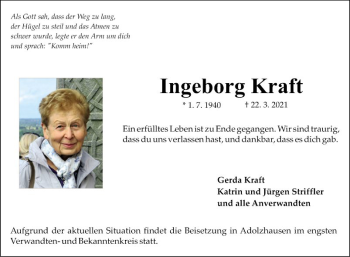 Traueranzeige von Ingeborg Kraft von Fränkische Nachrichten