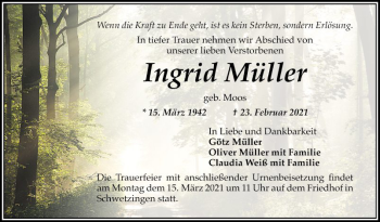 Traueranzeige von Ingrid Müller von Schwetzinger Zeitung