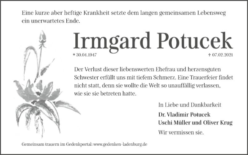  Traueranzeige für Irmgard Potucek vom 20.02.2021 aus Mannheimer Morgen