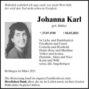 Traueranzeige von Johanna Karl von Schwetzinger Zeitung