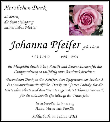 Traueranzeige von Johanna Pfeifer von Bergsträßer Anzeiger