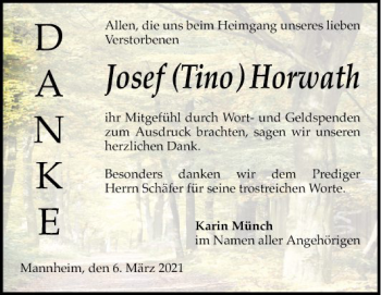 Traueranzeige von Josef Horwath von Mannheimer Morgen