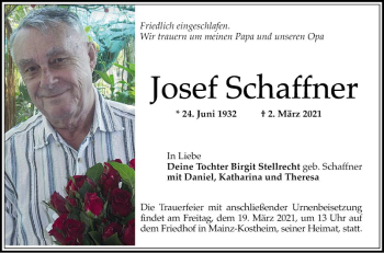 Traueranzeige von Josef Schaffner von Schwetzinger Zeitung