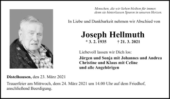 Traueranzeige von Joseph Hellmuth von Fränkische Nachrichten