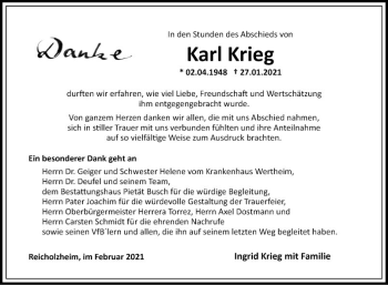 Traueranzeige von Karl Krieg von Fränkische Nachrichten