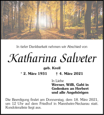Traueranzeige von Katharina Salveter von Mannheimer Morgen